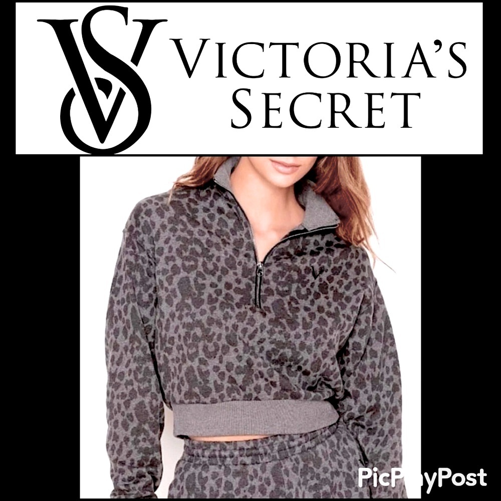 Victoria's Secret Cozy Cropped Zip Sweatshirt in Gray Leopard w/ Half Zip NWT S